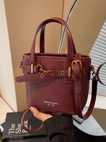 Faux Leather Solid Color Mini Bucket Bag, Versatile Casual Handbag & Crossbody Bag - Burgundy - View 5