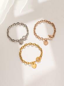 1pc Women's Stainless Steel Heart Engraved Titanium Chain Bracelet With Toggle Clasp For Daily Wear & Date Night Gifts