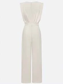 Women's Elegant Round Neck Solid Color Pleated Jumpsuit, Summer