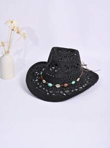 1 Peça Chapéu de Palha de Verão Feminino com Decoração de Zircônia Oca e Respirável, Chapéu de Cowboy de Sol Unissex na Moda e Personalizado, Adequado para Praia, Férias, Proteção Solar Diária, Ótima Ideia de Presente para o Dia dos Pais