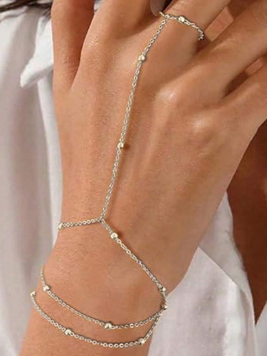 1pc Gold-Color Metal Ball Multi-Layer Chain Linked Finger Bracelet, Chic Design, Summer Beach Jewelry For Women - Silver - View 1