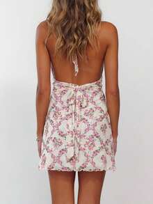 Womens Boho Floral Print Halter Neck Bodycon Dress Summer V Neck Sleeveless Backless Ruched Party Mini Dress Beach Vacation Sundress - trắng - Xem 4