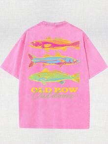 Men's Casual Summer Washed Cotton T-Shirt [Old Row Outdoor] Fish Print, Round Neck, Short Sleeves, Lightweight Cotton Knitted Fabric, Casual Summer Round Neck Shirt | Rib Details. - 玫粉色 - 查看 2