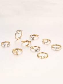 9 件套优雅简约心形、星星、月亮水晶戒指套装，可调节，适合女性节日、派对、约会、日常佩戴、礼物