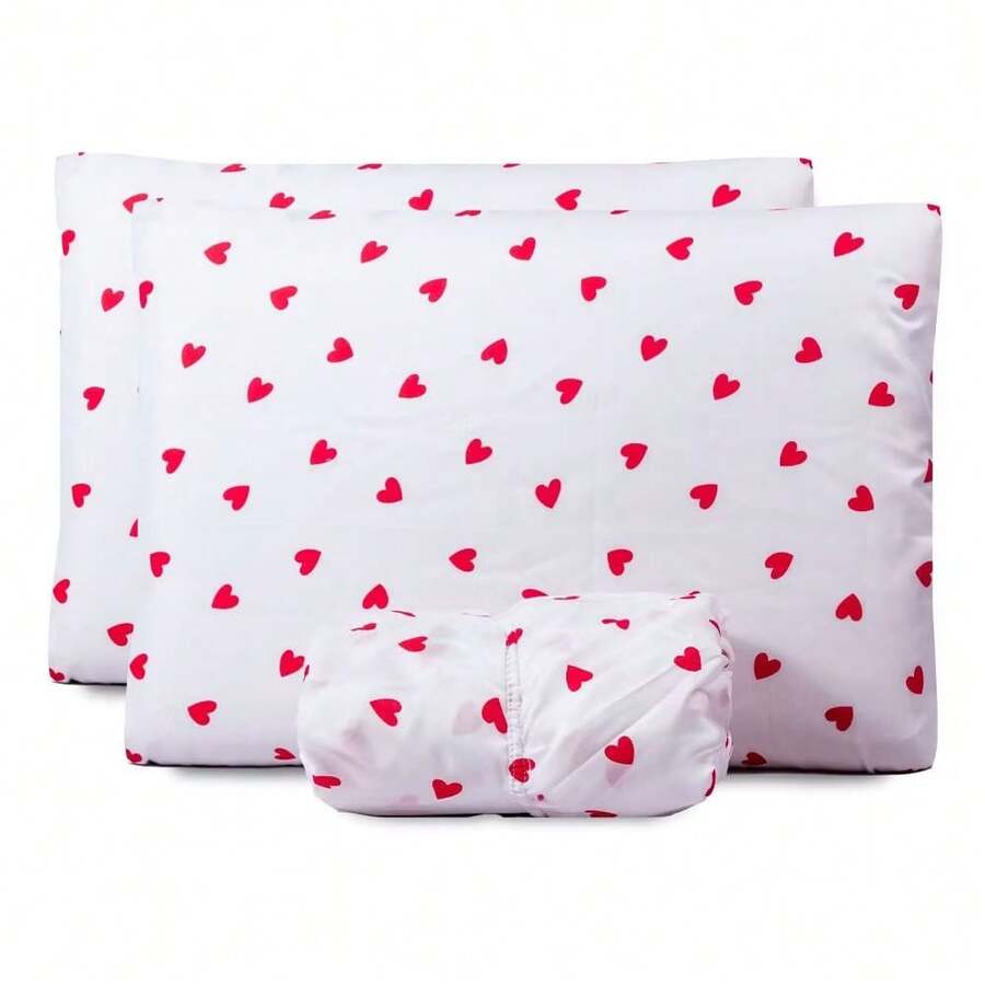 Single Sheet Set With 2 Pieces Printed Cotton Fabric With Elastic All Around And Pillowcase In Matchstick Stitch - Red and White - View 1