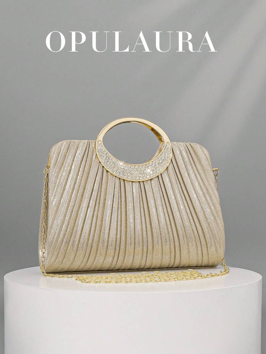 OpulAura 女士时尚闪亮水钻晚宴包，闪亮奢华派对手拿包，非常适合舞会礼服、毕业舞会、约会之夜、婚礼和生日礼物 - 金色 - 查看 1