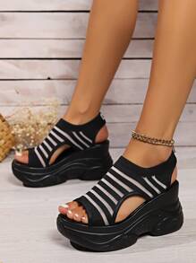 Women's Summer Contrast Color Vacation Fashion Webbing Interlaced Platform Thick Sole High Heel Sandals For Outdoor Holiday