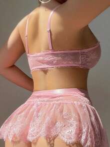 5pcs/Set Women Sexy Romantic Lace Mini Skirt With Stocking Lingerie Set, For Christmas - Hồng - Xem 6