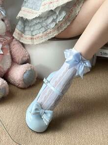 1双女士白色洛丽塔风格缎面荷叶边蝴蝶结镂空爱心中筒袜 - 白色 - 查看 4