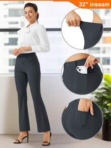 ZUTY 32'' Women's Bootcut Yoga Dress Pants Stretch Lightweight Work Office Flare Leggings Wide Leg With Belt Loops 4 Pockets - 32''鐵灰色* - 查看 3