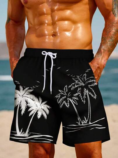 Shorts casuales y ligeros con estampado digital 3D de árbol de coco para hombres talla grande, pantalones de playa para uso diario y vacaciones