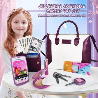 女孩过家家化妆套装、钱包、公主玩具电话、独角兽钱包玩具 - 儿童游戏屋游戏配件、3-8 岁儿童圣诞节和生日礼物