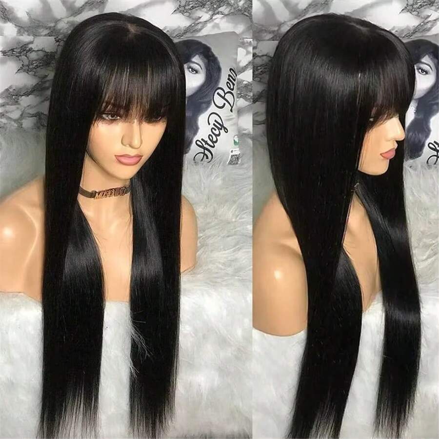 Guleless Wig 40inch Long Silky Straight Wigs With Bangs Full Machine Made Glueless Human Hair Wigs With Bangs Human Hair - 自然色&黑色系 - 查看 1