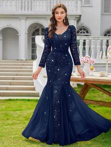 Elisanya Vestido de fiesta de noche de tul con escote en V profundo, manga larga, bajo con cola de sirena y adornos de lentejuelas y encaje floral, vestido de invitada de boda, vestido formal - Azul Marino - Ver 10