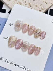 10 pezzi per set di unghie finte di forma ovale realizzate a mano, con un elegante effetto sfumato color champagne di stile giapponese e una forma tridimensionale realizzata a mano, riutilizzabili, inclusi gli strumenti, adatti per l'uso quotidiano da parte di donne di qualsiasi stile, unghie adesive, forniture per unghie