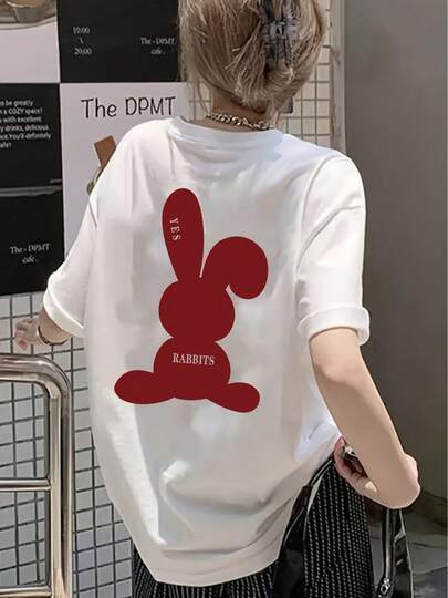 Camiseta redonda con estampado de conejo , top casual de manga corta para primavera y verano, ropa de mujer.