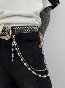 Accesorio de cadena de cintura con perlas falsas de estilo punk, cadena de cintura de múltiples capas con colgante de borla, joyería de cintura para hombre, regalo para fiesta de hip hop