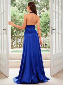 MUXXN 1950s Retro V-Neck Backless Satin Cocktail Party Dress - Royal Blue - View 2