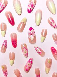24Pcs/Set Almond-Shaped French Manicure Ocean Style Elegant 3D Floral Waterdrop Shell French Press-On Full Cover False Nails With 1Pc Jelly Gel And 1Pc Nail File To Add A Romantic Touch, Suitable For Daily Dating, Make You Look Sweet Nail Supplies Nails - Multicolor - View 3
