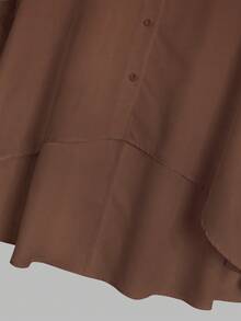 Women Button Front Short Sleeve Casual Blouse, Stylish High-Low Hem Solid Color Minimalist Design For Daily Wear - Brown - View 9