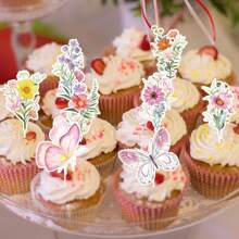 16 Stück Frühlingsschmetterling & Blumen Aquarell Dessert Deko Cupcake Aufstecker