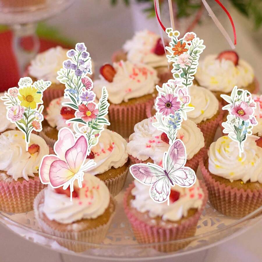 16 Stück Frühlingsschmetterling & Blumen Aquarell Dessert Deko Cupcake Aufstecker
