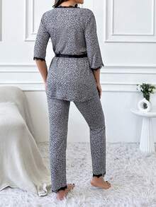 3pcs Printed Lace Pajama Set With Lace Trim Cardigan, Tank Top And Long Pants - Black and White - View 4