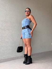 Kissmelady 3011 Women's Denim Overalls Dark Dungarees 3011 - 中等水洗藍 - 查看 3