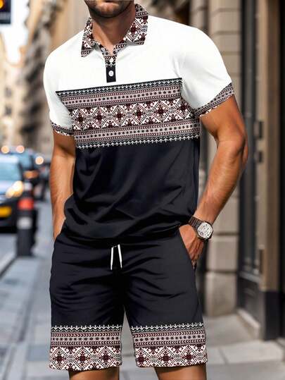Men's Contrast Color Business Floral Print Short Sleeve Polo Shirt And Shorts Set