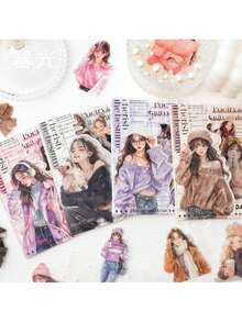 30/120张温柔日记系列PET模切贴纸包，时尚冬装女性角色贴纸，学生计划装饰贴纸