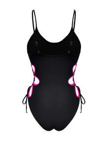 1件装女士纯色镂空边系带性感休闲连体泳衣度假沙滩夏季 - 玫紅色 - 查看 5