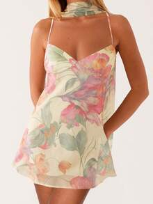 Women Mini Dress Floral Print/Solid Color Sleeveless Cami Dress Summer Backless Dress With Choker Scarf - Màu be - Xem 1