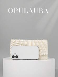 OpulAura 女士简约时尚褶皱设计迷你翻盖手拿包，奢华缎面晚宴包，优雅迷人的晚礼服配饰手拿包，适合婚礼/正式派对/庆典/返校活动，可作为生日/节日礼物，随机珍珠装饰 - 杏色 - 查看 4