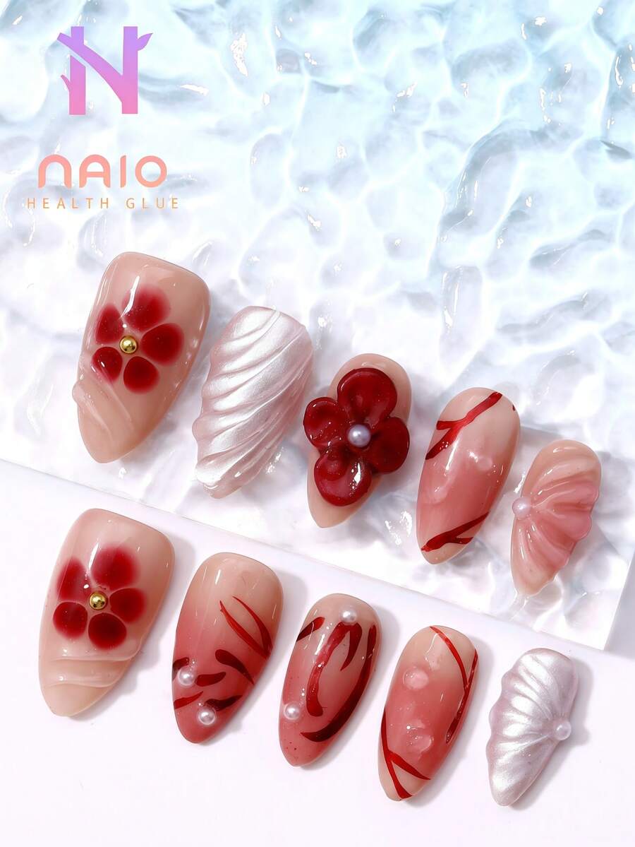 10 Stück/Set kurze Fingernägel in Mandel-Form mit elegantem rotem verschmiertem Blumen-Design, handgefertigte Kunstnägel mit 3D geprägten Blumen, Perlen-Nagel-Accessoires, Frühlings- und Sommer-Aufklebe-Nägel, mittlere Mandel-Form, geeignet für den täglichen Gebrauch, Partys, als Geschenk - Zufälliges Verpackungsdesign Aufklebe-Nägel, Nagel-Zubehör - Verschiedenfarbig - Übersicht 1