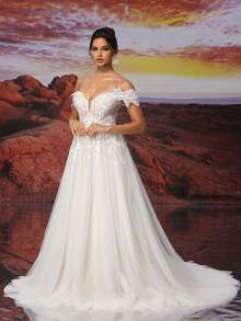 白色加固网眼和香槟色衬里露肩可拆卸薄纱长款A字形闪亮刺绣婚纱