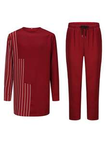 卡翁达男士套装卡夫坦服装圆领条纹印花长袖非洲复古男士套装传统服装 - 紅色 - 查看 2