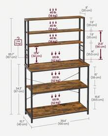 VASAGLE Kitchen Storage Rack, Coffee Bar, Baker's Rack, Total 6 Shelves And 6 Hooks, For Microwave, Steel Frame, Industrial, 40 X 100 X 167 Cm, Rustic Brown And Ink Black - Rust Brown - View 6