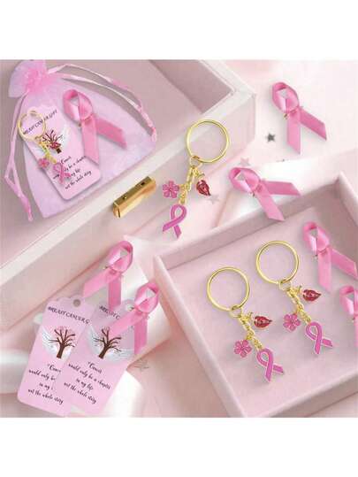 20 件乳腺癌促销配件套装，乳腺癌女性的励志产品，粉色乳腺癌装饰，丝带胸针，配有透明网袋和贺卡，为女性爱情和友谊派对提供支持的礼物，钥匙扣汽车配件包饰背包，适合学校万圣节配饰教师节圣诞节
