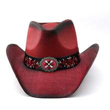 Women Men Cowgirl Hat Western Belted Sun Holiday Beach Straw Hiking Cap - Đỏ - Xem 2
