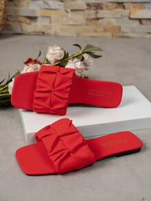 WIDE FIT Women's Square Toe Pleated Leather Sandals With Soft Sole, Wide Width Friendly Flat Comfortable Summer Shoes, Daily Wear Non-Tight Fit - Red - View 8