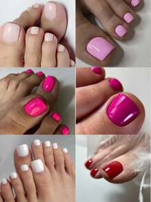 144 piezas de uñas postizas de colores para los dedos de los pies, puntas de uñas cuadradas cortas que cubren por completo, uñas acrílicas artificiales brillantes para decoración de mujeres, uñas postizas para los dedos de los pies en blanco, rosa y rojo, suministros para uñas