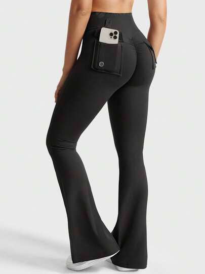 YEOREO Flare Leggings With Pockets For Women Scrunch Butt Sport Leggings High Waist Bootcut Leggings For Workout Gym Yoga Casual