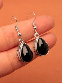 1 Pair Vintage Plated Silver Black Teardrop Faux Gemstone Earrings, Multiple Colors Available - Black - View 9