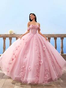 HEARBOBO Giáng sinh dễ thương 3D ren hoa thêu nơ phóng đại sang trọng váy dạ hội thanh lịch cho phụ nữ, váy cưới cổ tích cô dâu, váy dự tiệc - Hồng - Xem 9