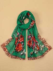 1 pieza Pañuelo de mujer de gasa ligera con estampado de paisley y leopardo, elegante chal protector solar de bufanda larga para uso diario, primavera/verano, adecuado para el Día Nacional de Arabia Saudita, verde, playa, vacaciones - Verde - Ver 3