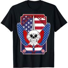 Skull, Sword, Eagle Wings And An  July 4th Design T-ShirtPm 220G Cotton T-Shirt – Durable Yet Soft Blending Street, Retro, And Minimalist Vibes – Perfect For Daily Wear, Work, Weekend Outings, Or Lounging – I Gift For Him Or Her, Birthday, Annrsary, Or Just Because - 黑色 - 查看 1