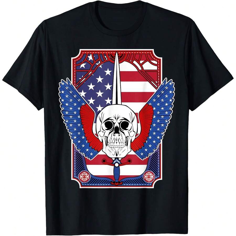 Skull, Sword, Eagle Wings And An July 4th Design T-ShirtPm 220G Cotton T-Shirt – Durable Yet Soft Blending Street, Retro, And Minimalist Vibes – Perfect For Daily Wear, Work, Weekend Outings, Or Lounging – I Gift For Him Or Her, Birthday, Annrsary, Or Just Because - 黑色 - 查看 1
