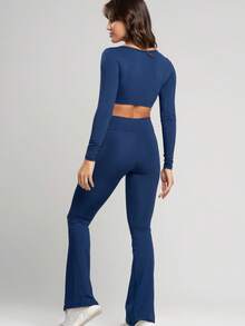 Conjunto Fitness Bailarina Academia Top Manga Longa Legging Flare Suplex Zero Transparência Feminina - Azul Marinho - Visão 3