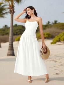 Women Long Dress Solid Color Spaghetti Strap Cami Dress Summer Fashion Sleeveless Casual Dress - 白色 - 查看 10