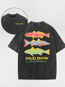 Men's Casual Summer Washed Cotton T-Shirt [Old Row Outdoor] Fish Print, Round Neck, Short Sleeves, Lightweight Cotton Knitted Fabric, Casual Summer Round Neck Shirt | Rib Details. - 黑色 - 查看 1